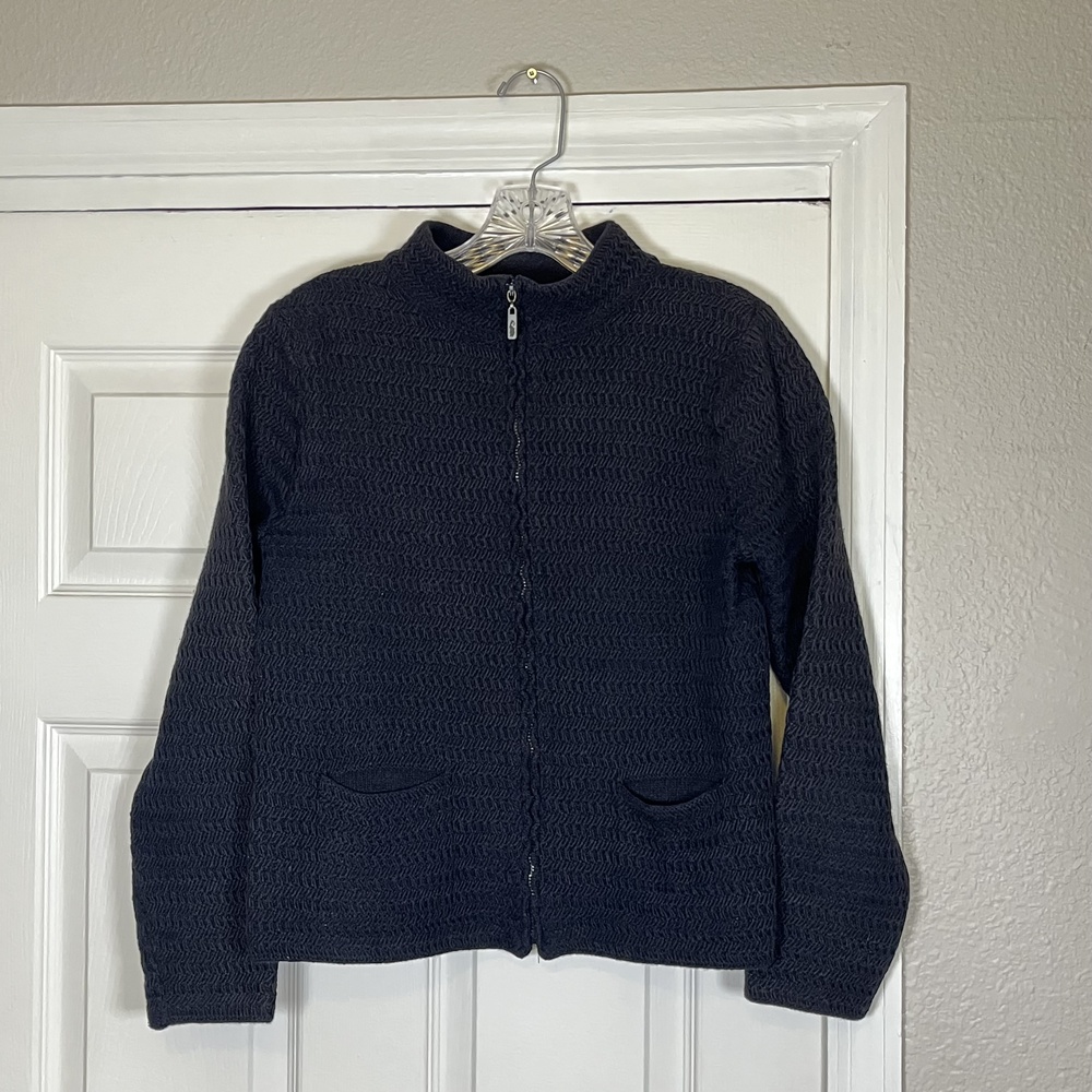 Eileen Fisher Sweater Womens Large Zip Italian Yarn Textured Knit Waffle Jacket